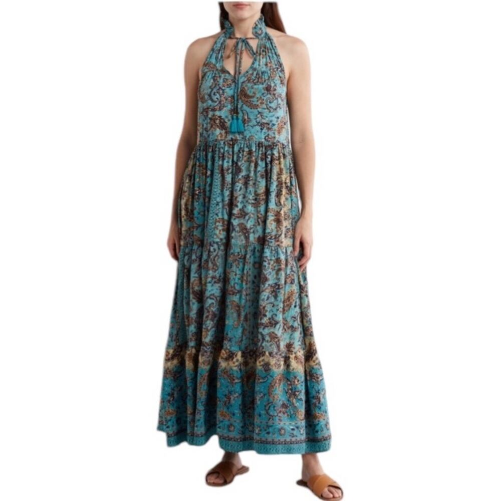 Raga Womens M Akira Ruffle Collar Maxi Dress Turquoise Blue NEW